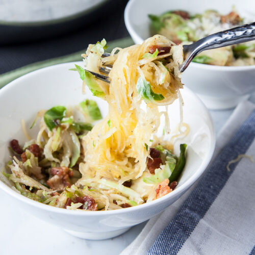 Spaghetti Squash + Brussels Sprouts + Bacon | SaltPepperSkillet.com