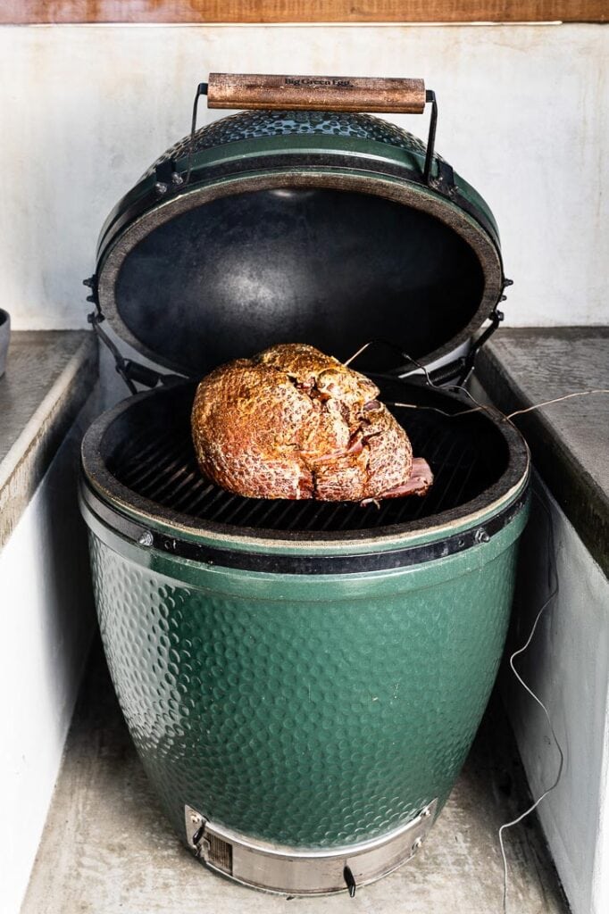 spiral ham in big green egg smoker 2