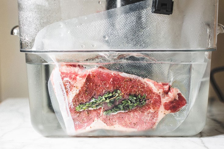 steak in sous vide water bath horizontal