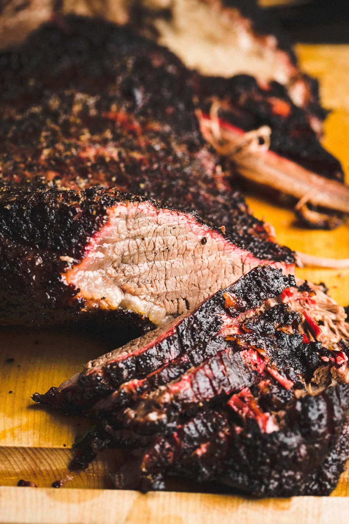 Texas style smoked brisket recipe close up slices