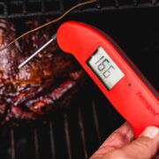 thermapen thermometer checking temp of smoked lamb shoulder