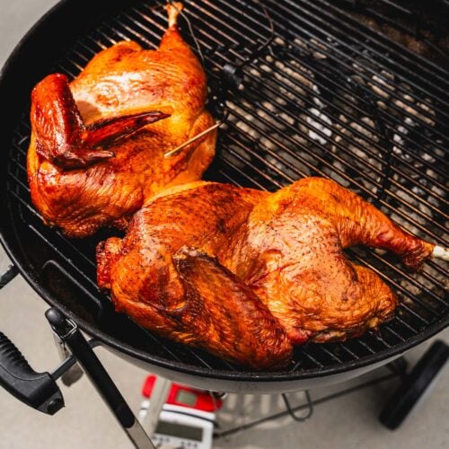 turkey on the grill with thermometer