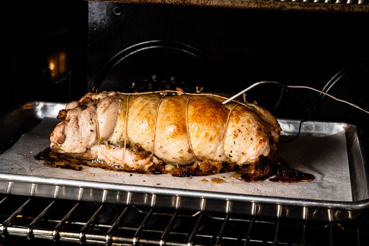 turkey roulade roasting in oven