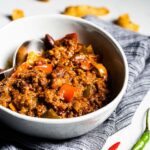 vegetarian chili in bowl side horizontal