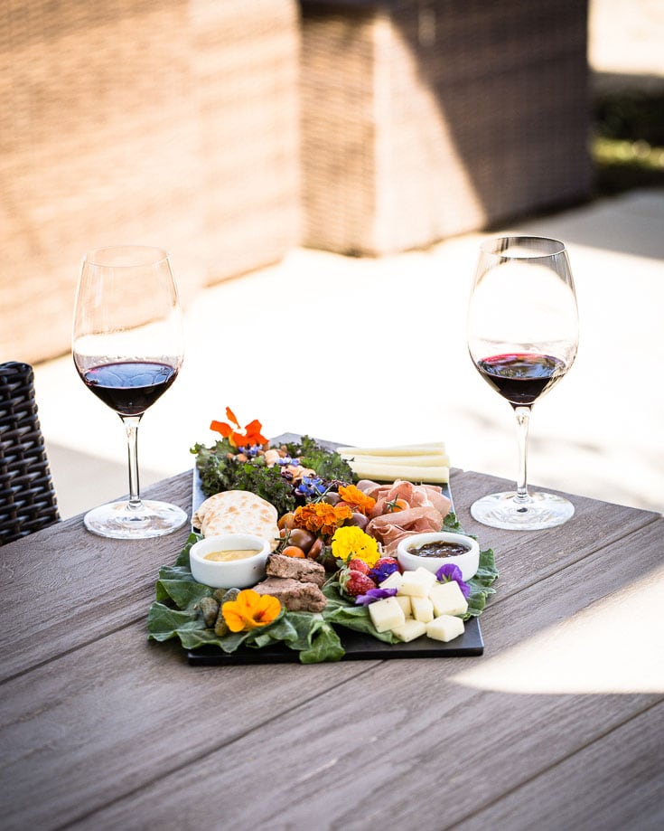 wine and food at a winery on table